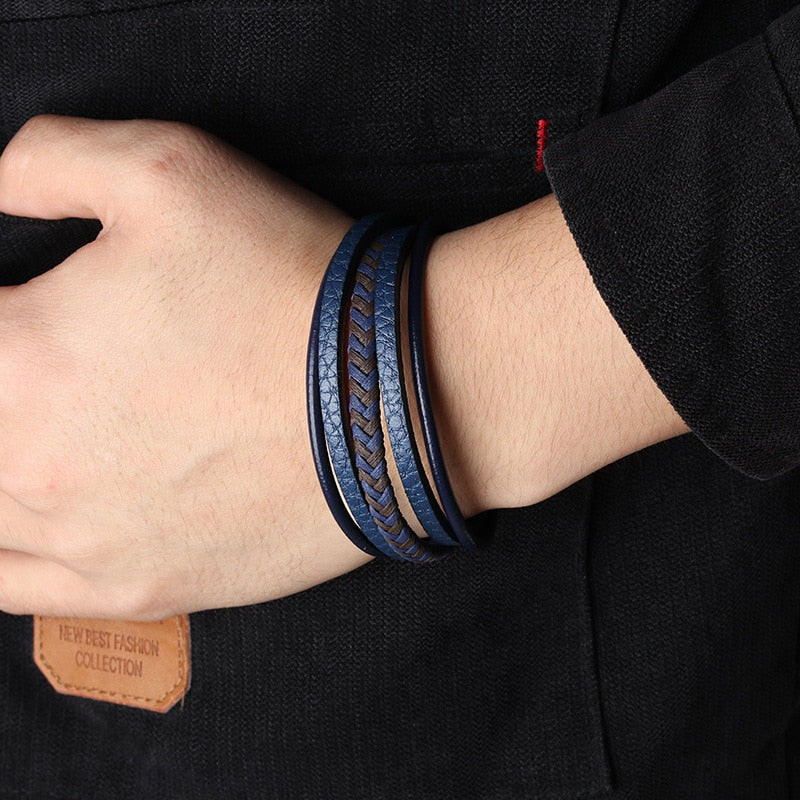 Braided Blue Color Leather Bracelets for Men