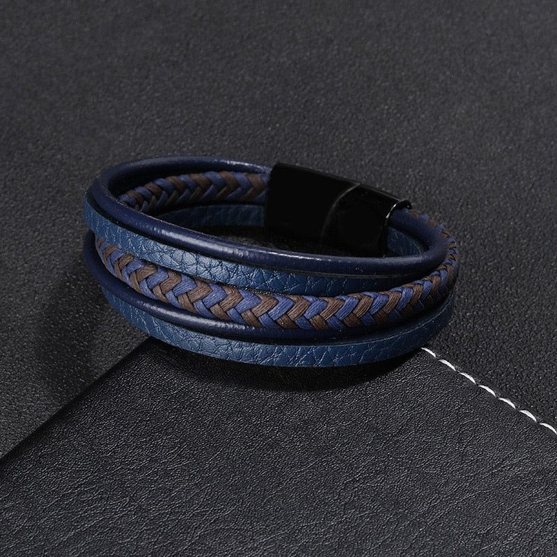Braided Blue Color Leather Bracelets for Men