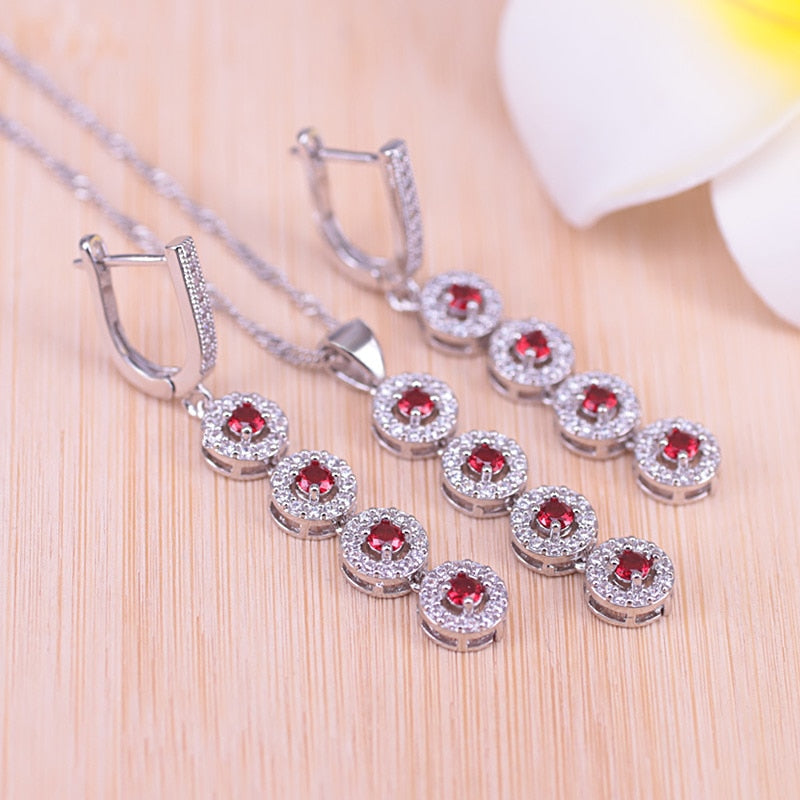 Lucky Colors Red Cubic Zirconia Silver Color Jewelry set