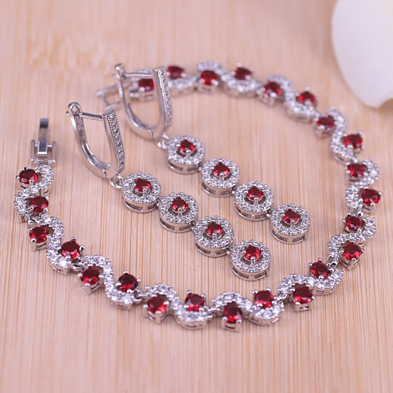 Lucky Colors Red Cubic Zirconia Silver Color Jewelry set