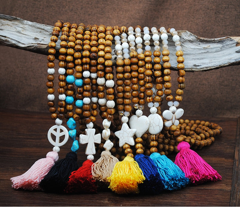 Handmade Stones Tassels Wood Beads Necklace
