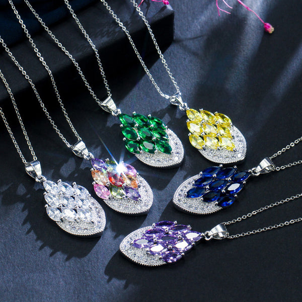 7 Colors 925 Sterling Silver Purple CZ Crystal Bohemian Pendant Necklace Earrings Set