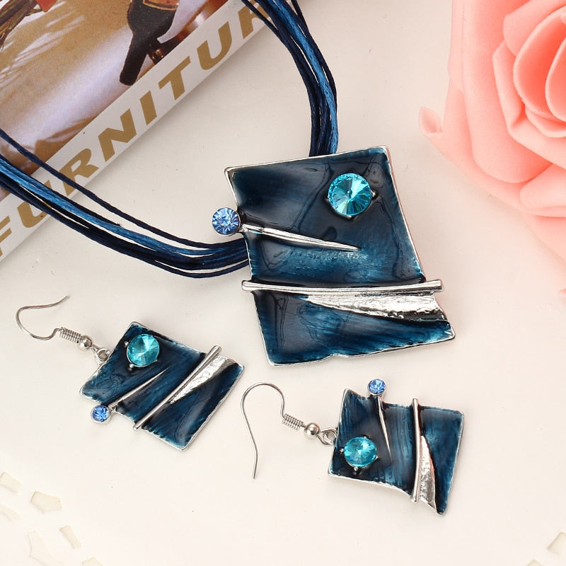 Leather Multi Ropes Geometry Pendant Necklaces Earrings Sets