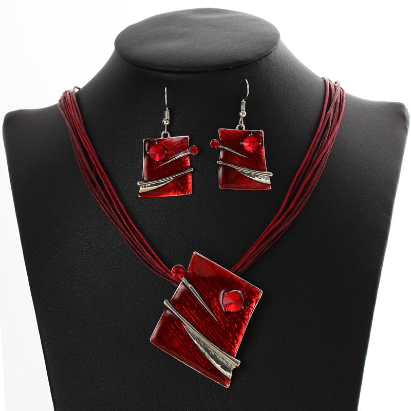 Leather Multi Ropes Geometry Pendant Necklaces Earrings Sets