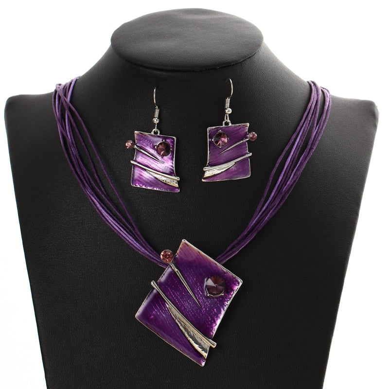 Leather Multi Ropes Geometry Pendant Necklaces Earrings Sets