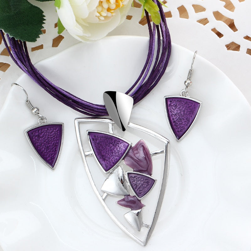 Leather Multi Ropes Geometry Pendant Necklaces Earrings Sets