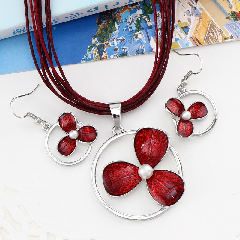 Leather Multi Ropes Geometry Pendant Necklaces Earrings Sets