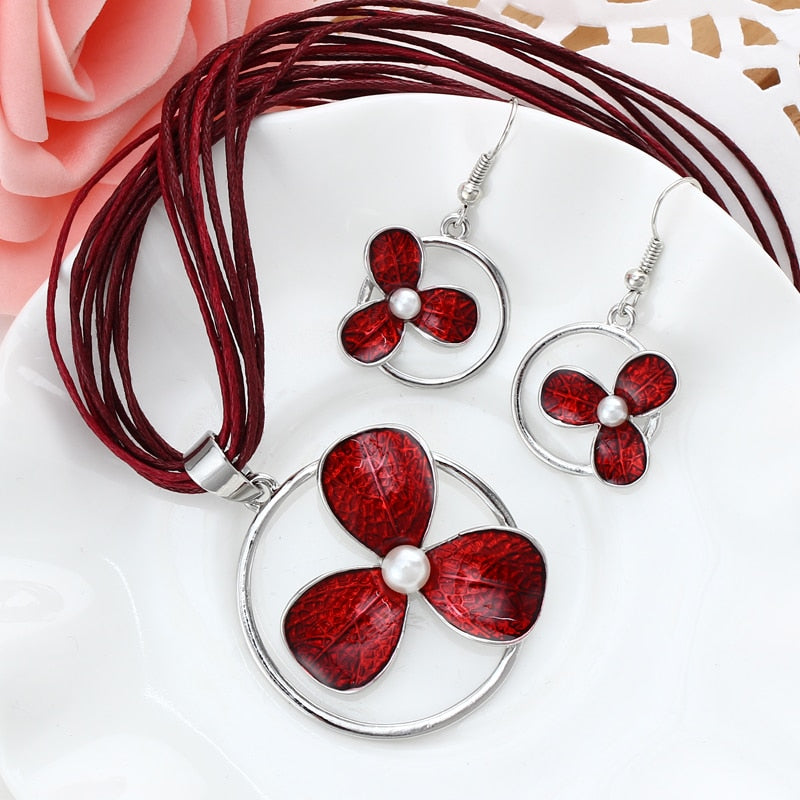 Leather Multi Ropes Geometry Pendant Necklaces Earrings Sets