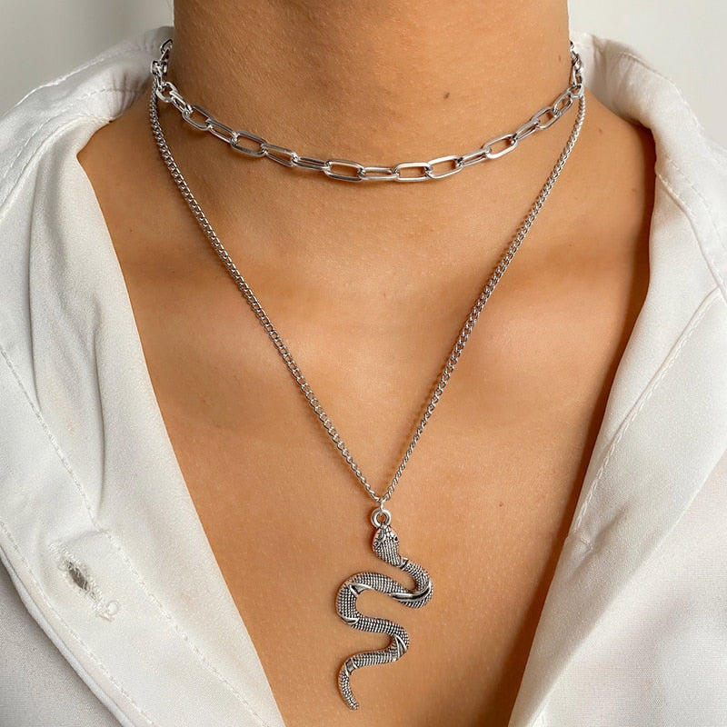 Punk Gold Layered Chain Snake Pendant Choker Necklace