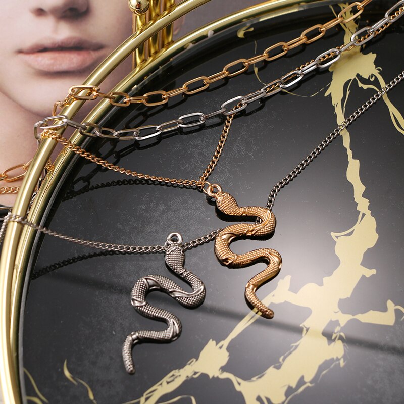 Punk Gold Layered Chain Snake Pendant Choker Necklace
