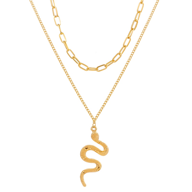 Punk Gold Layered Chain Snake Pendant Choker Necklace