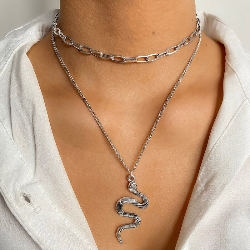 Punk Gold Layered Chain Snake Pendant Choker Necklace