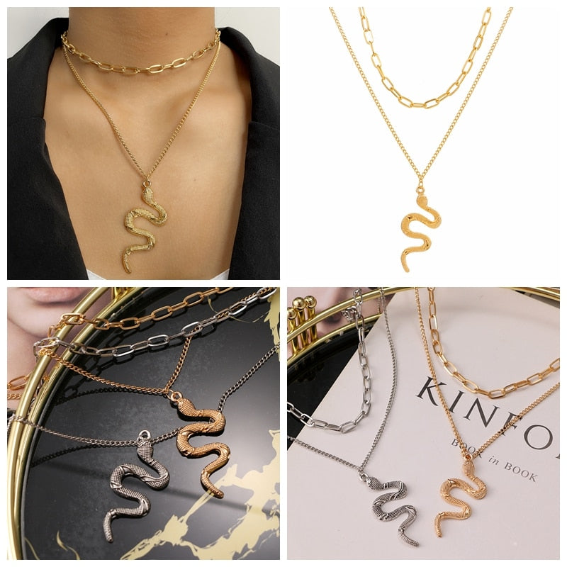 Punk Gold Layered Chain Snake Pendant Choker Necklace