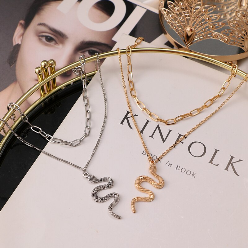 Punk Gold Layered Chain Snake Pendant Choker Necklace