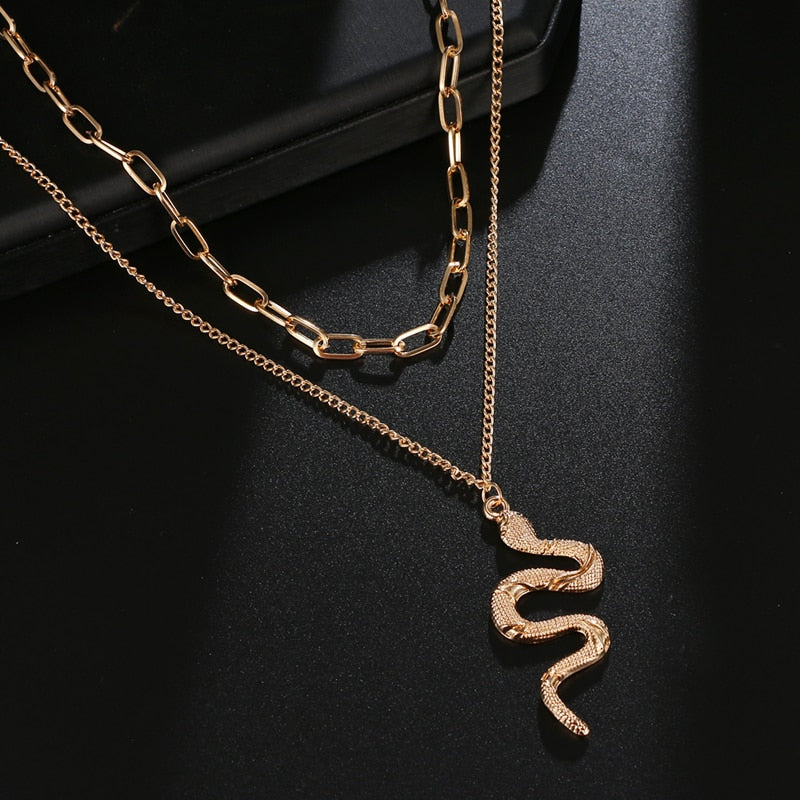 Punk Gold Layered Chain Snake Pendant Choker Necklace