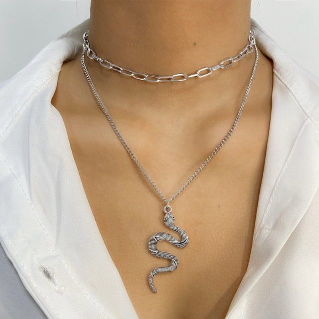 Punk Gold Layered Chain Snake Pendant Choker Necklace