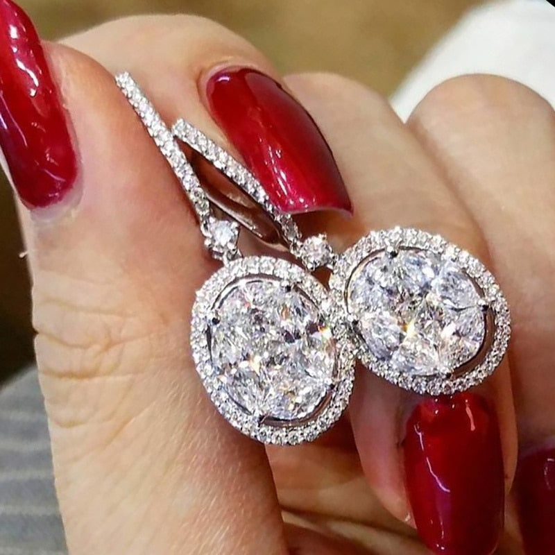 Silver Color with Shine Oval CZ Stone Wedding Bridal Earring