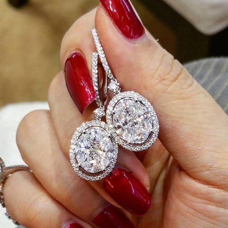 Silver Color with Shine Oval CZ Stone Wedding Bridal Earring