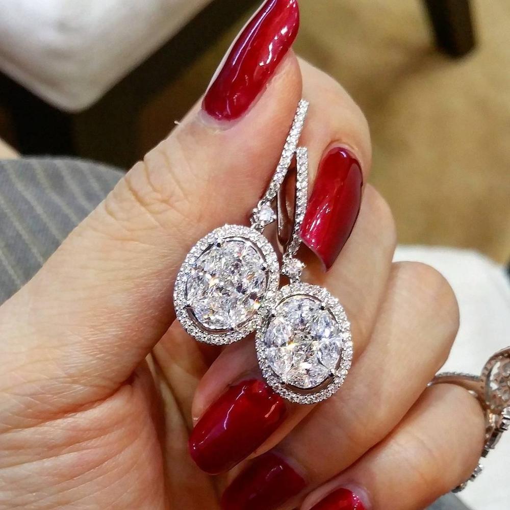Silver Color with Shine Oval CZ Stone Wedding Bridal Earring