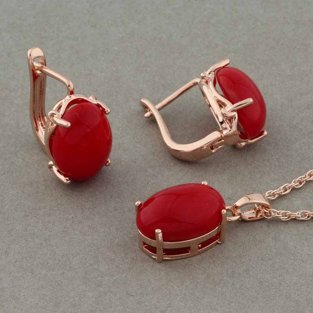 Rose Gold Color Pendant Necklace and Earrings Fashion Jewelry Sets