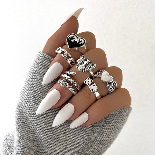 Juego de 6 anillos góticos de color plata