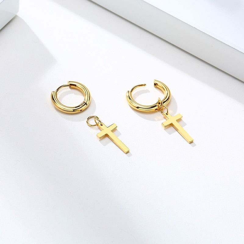 Dainty Minimalist Gold Color Dangling Cross Shaped  Earrings