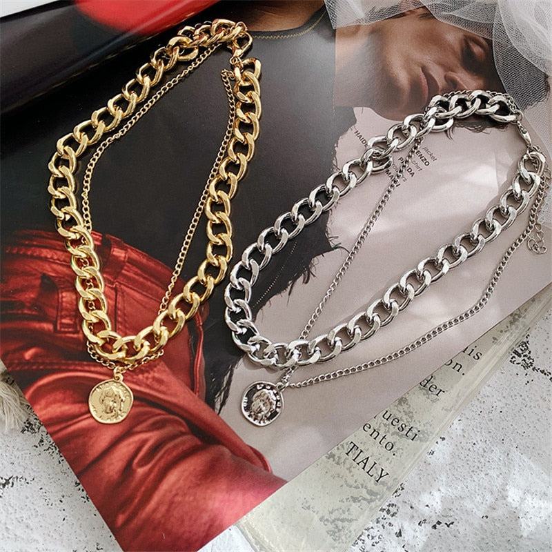 Retro Portrait Exaggerated Thick Chain Necklace
