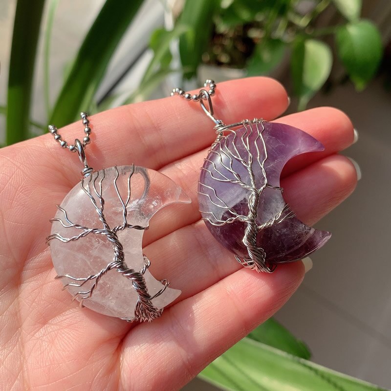Big Moon Crescent Wire Wrap Tree Natural Crystal Pendant