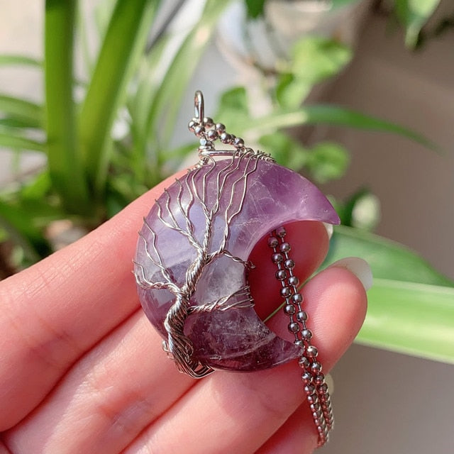 Big Moon Crescent Wire Wrap Tree Natural Crystal Pendant