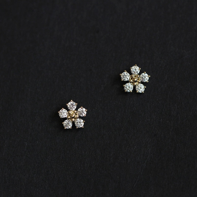 925 Sterling Silver Boho Pavé Diamond Small Flower Plating 14k Gold Earrings