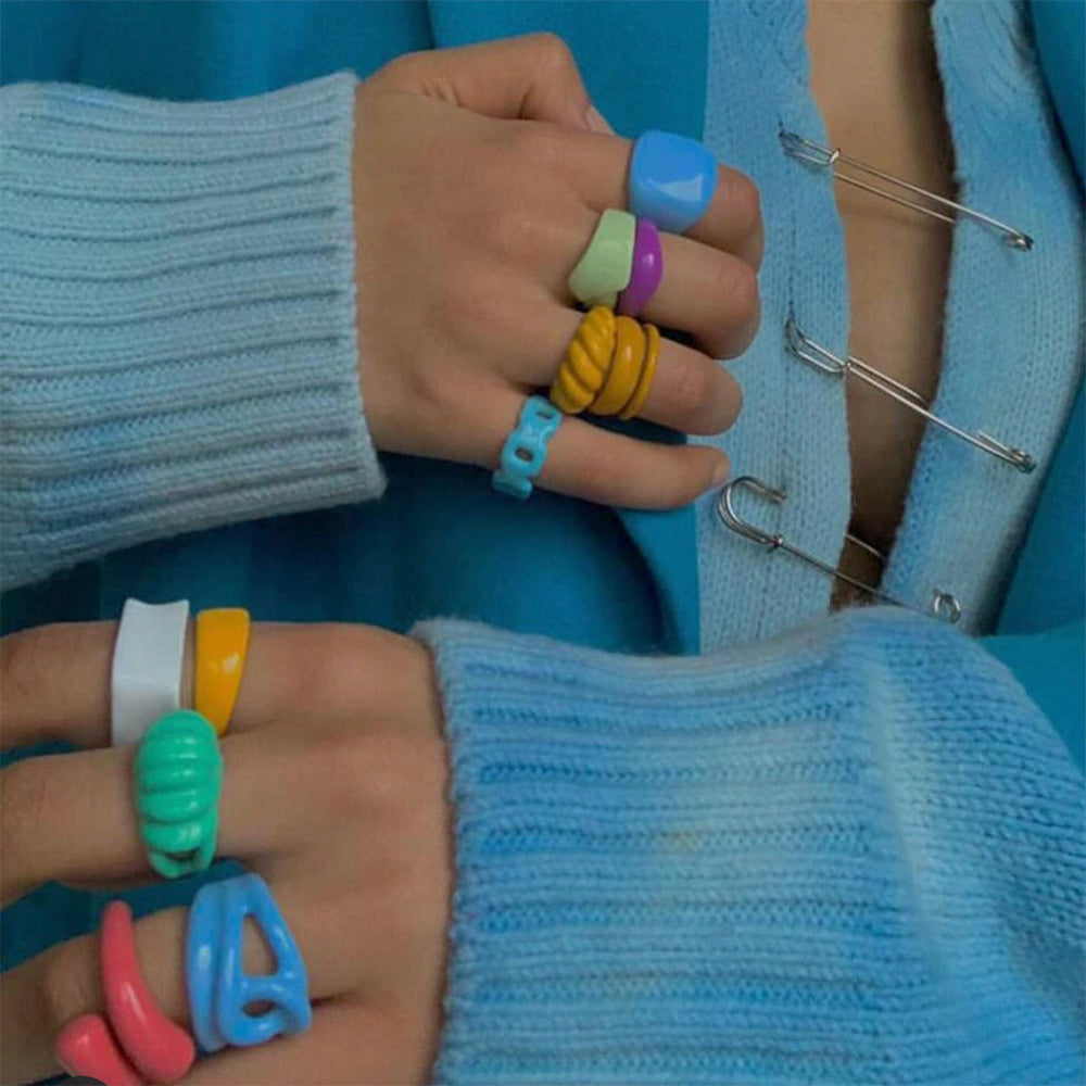 Colorful Dripping Oil Geometric Chain Open Rings Set
