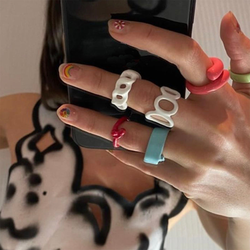 Colorful Dripping Oil Geometric Chain Open Rings Set