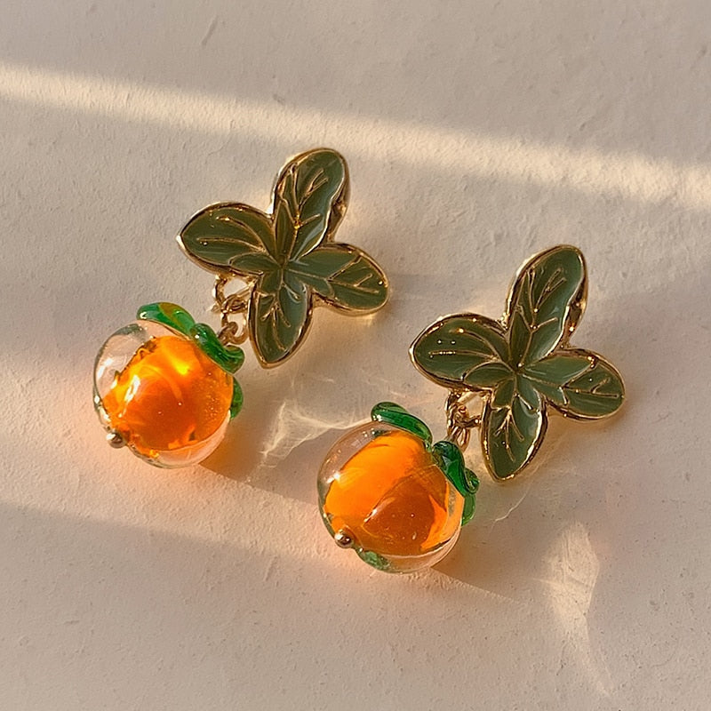 Creative Persimmon Orange Color Flower Leaf Stud Earrings For Women