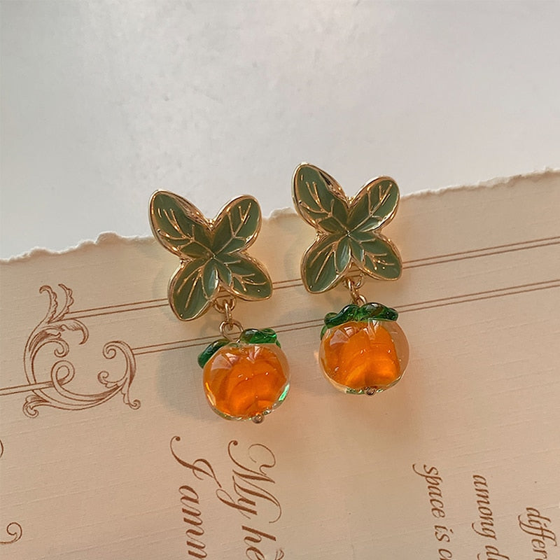 Creative Persimmon Orange Color Flower Leaf Stud Earrings For Women