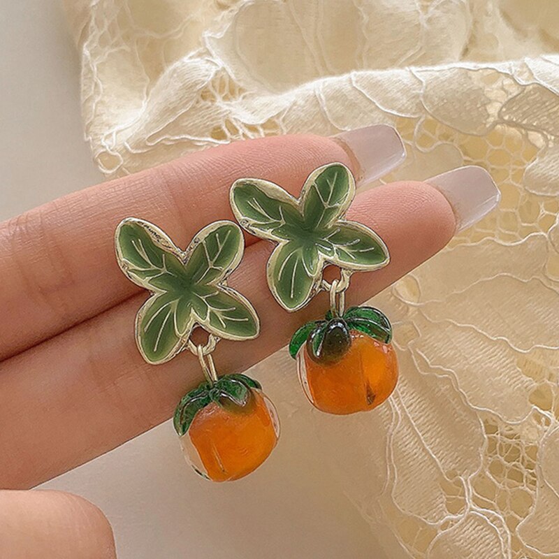 Creative Persimmon Orange Color Flower Leaf Stud Earrings For Women