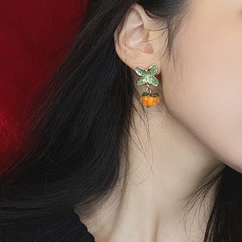 Creative Persimmon Orange Color Flower Leaf Stud Earrings For Women