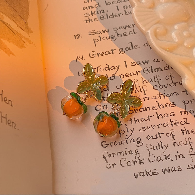 Creative Persimmon Orange Color Flower Leaf Stud Earrings For Women