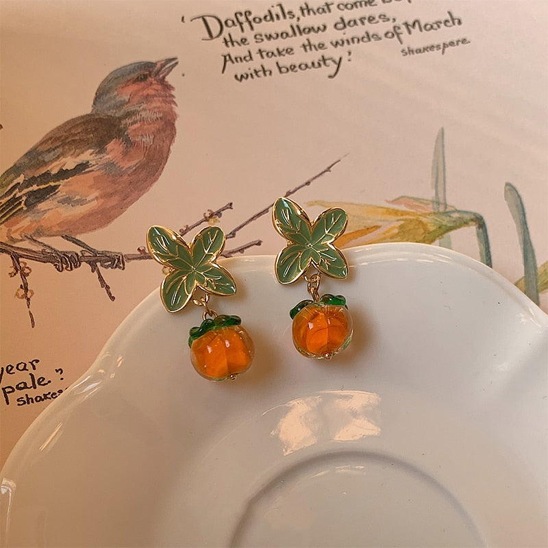 Creative Persimmon Orange Color Flower Leaf Stud Earrings For Women