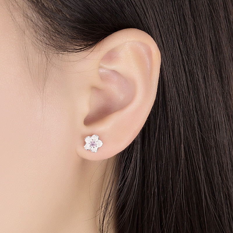 Cherry Flower Blossoms Flower Crystal Stud Earrings