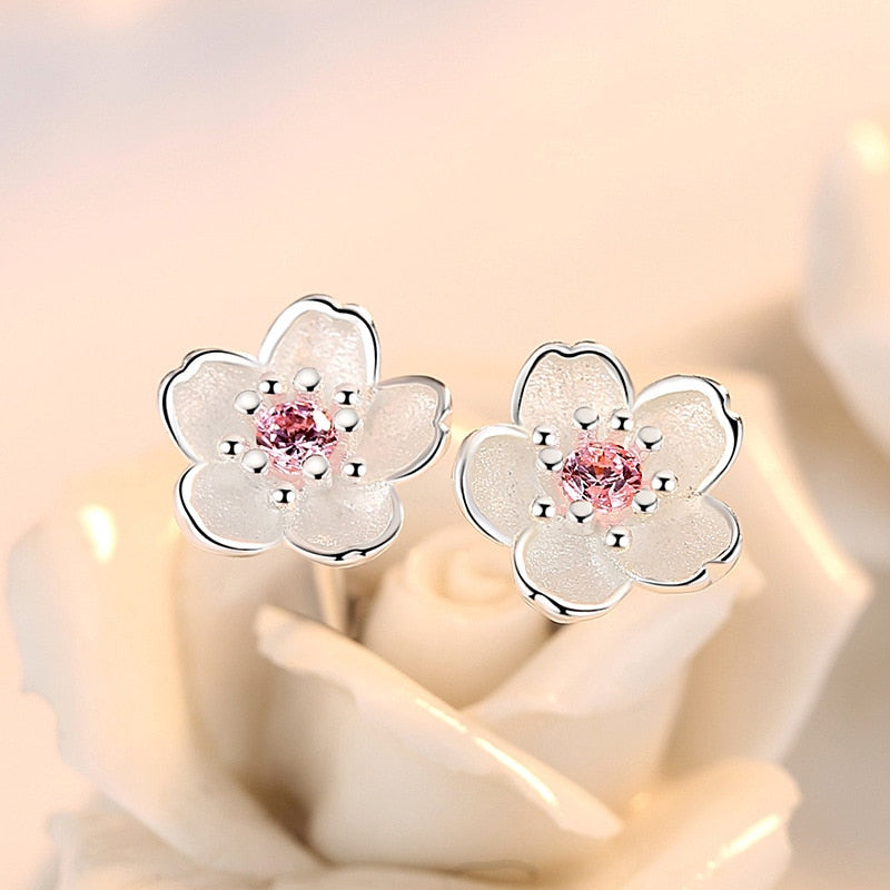 Cherry Flower Blossoms Flower Crystal Stud Earrings