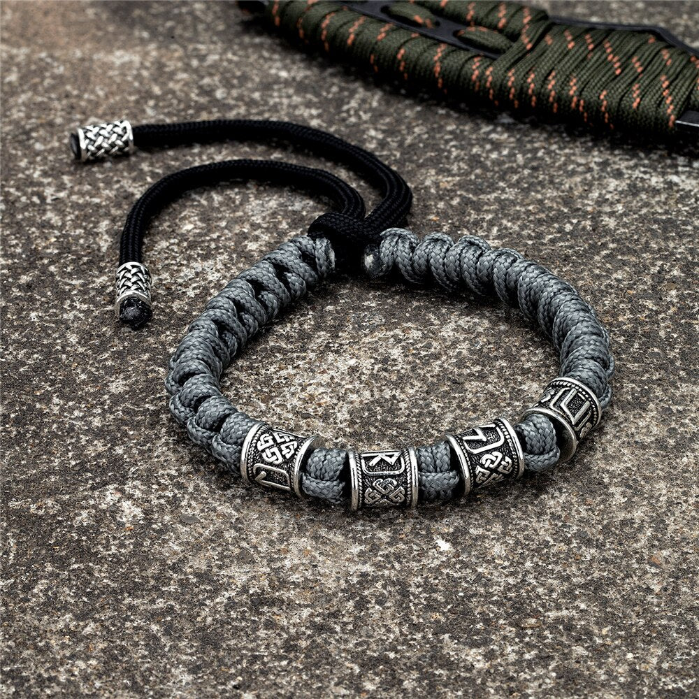 Norse Runes Beads  Braided Survival Paracord Rope Wristband