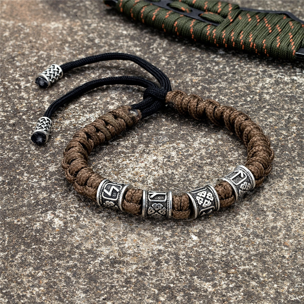Norse Runes Beads  Braided Survival Paracord Rope Wristband