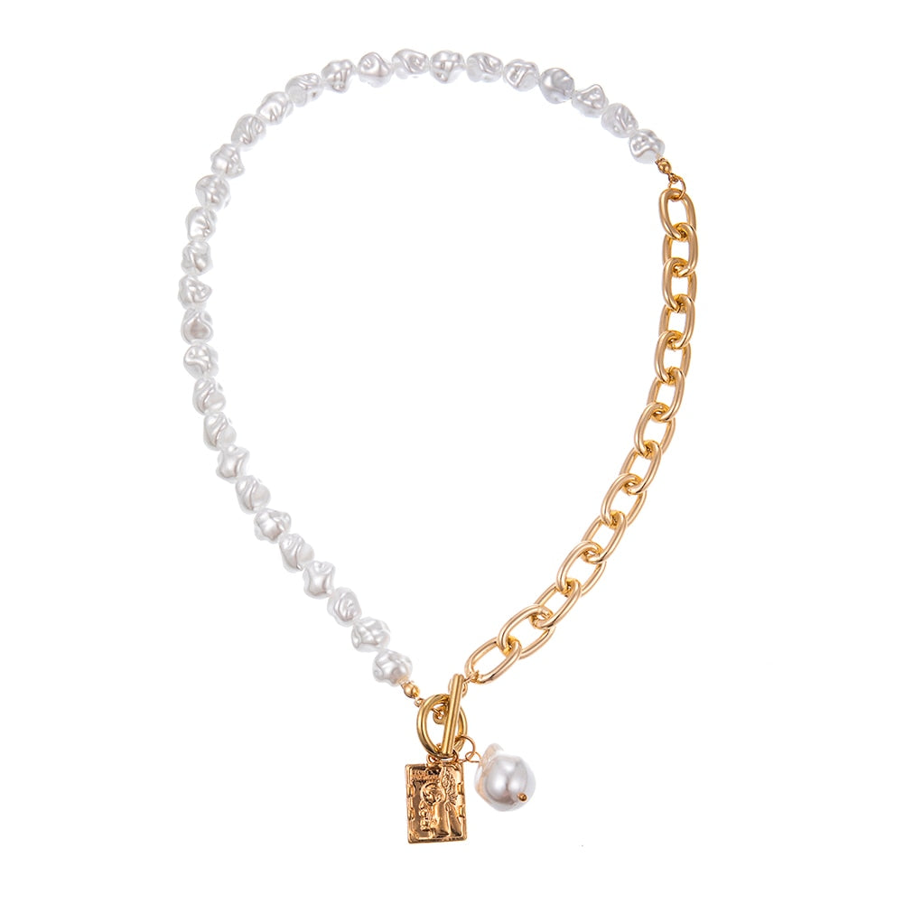 Vintage Baroque Irregular Pearl Lock Chains Necklace