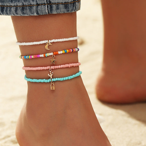 4 piezas/conjunto de tobilleras multicapa de color bohemio para mujer