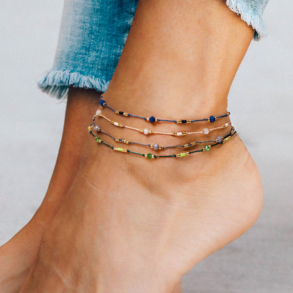 Tobillera de hilo encerado con cuentas de colores bohemias para mujer
