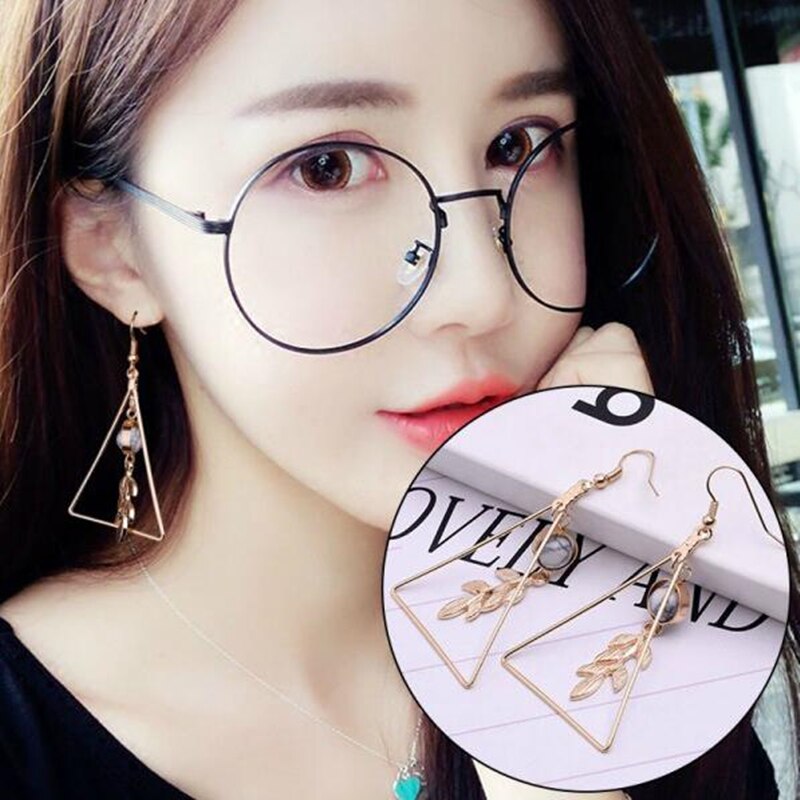 Vintage Hollow Out Triangle Marble Round Beads Leaf Earrings