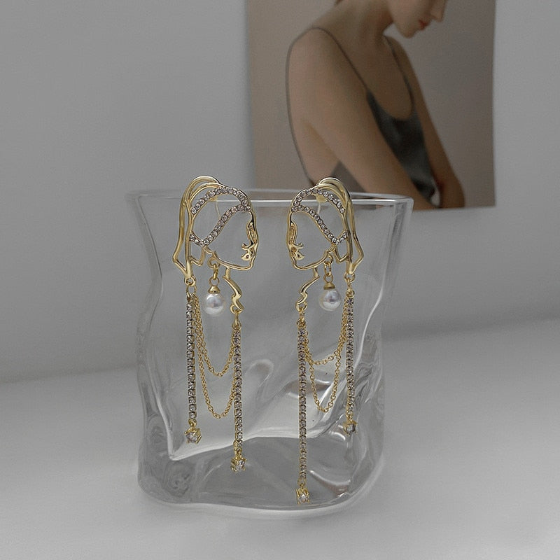 Pearl Crystal Portrait Chain Tassel Earrings
