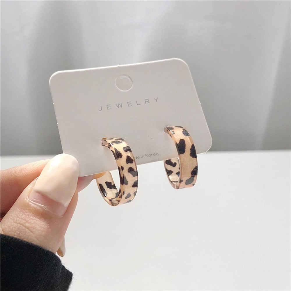 Women Brown Leopard Geometric Hoop Earrings