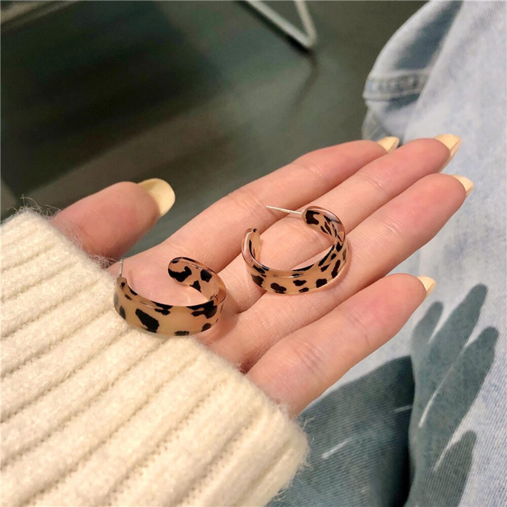 Women Brown Leopard Geometric Hoop Earrings