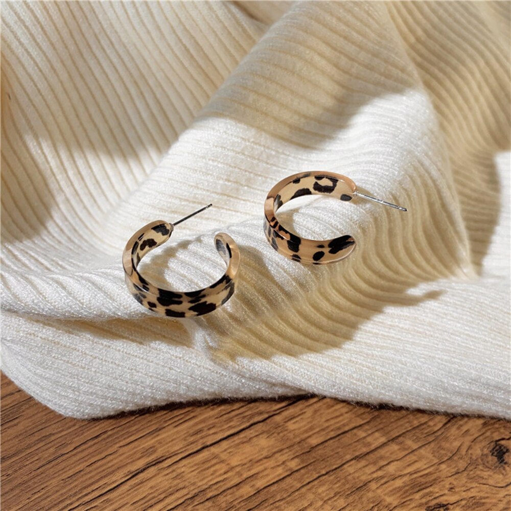 Women Brown Leopard Geometric Hoop Earrings